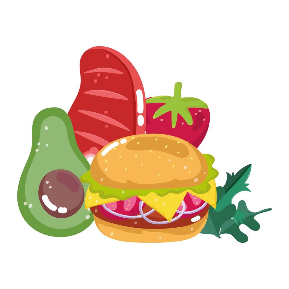 fast food menu restaurant unhealthy burger avocado meat and tomato vector