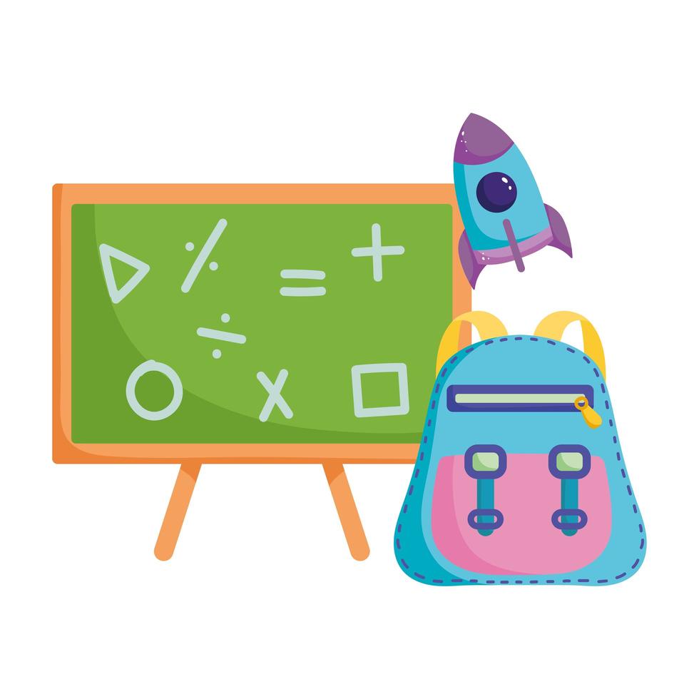 back to school, chalkboard backpack and rocket elementary education cartoon vector