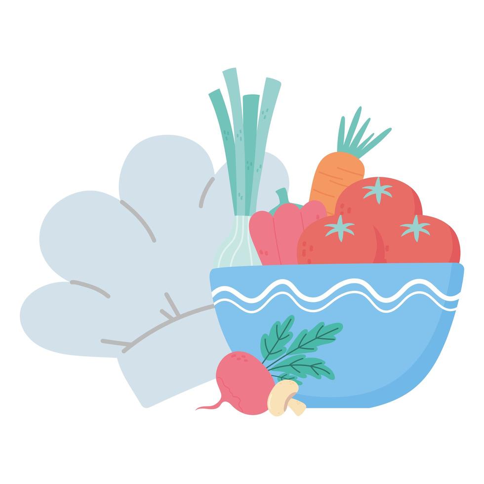 Alimentos tomates frescos zanahoria y gorro de cocinero aislado icono diseño fondo blanco. vector