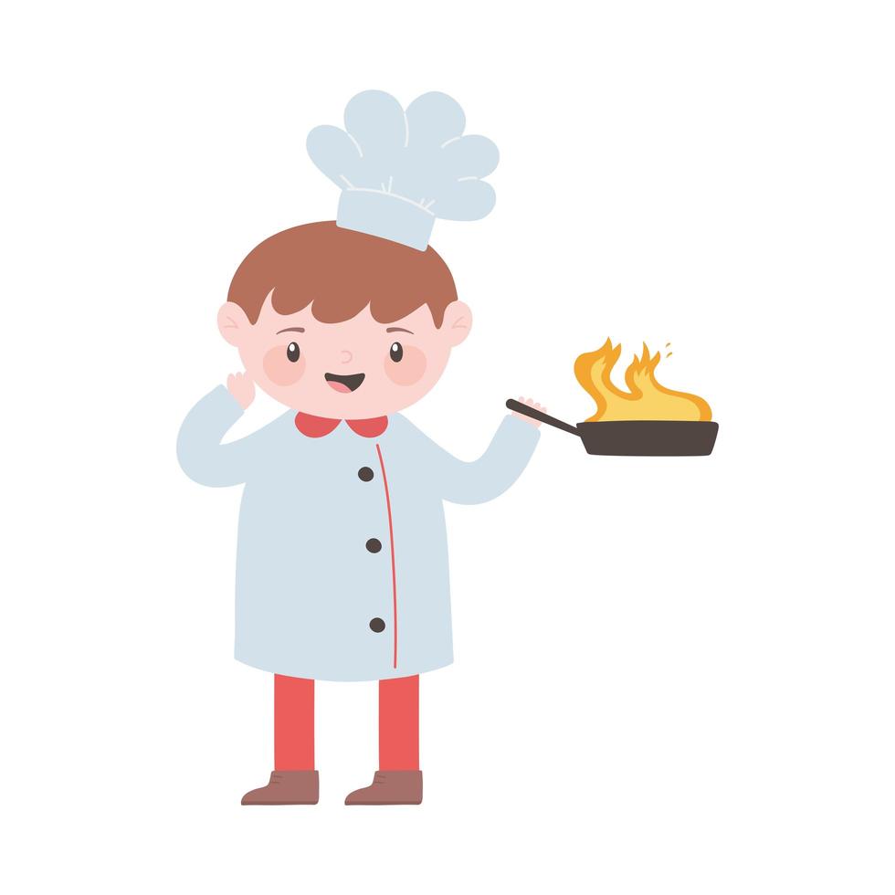 chef, niño, con, cacerola, llama, caricatura, carácter, aislado, icono, diseño vector