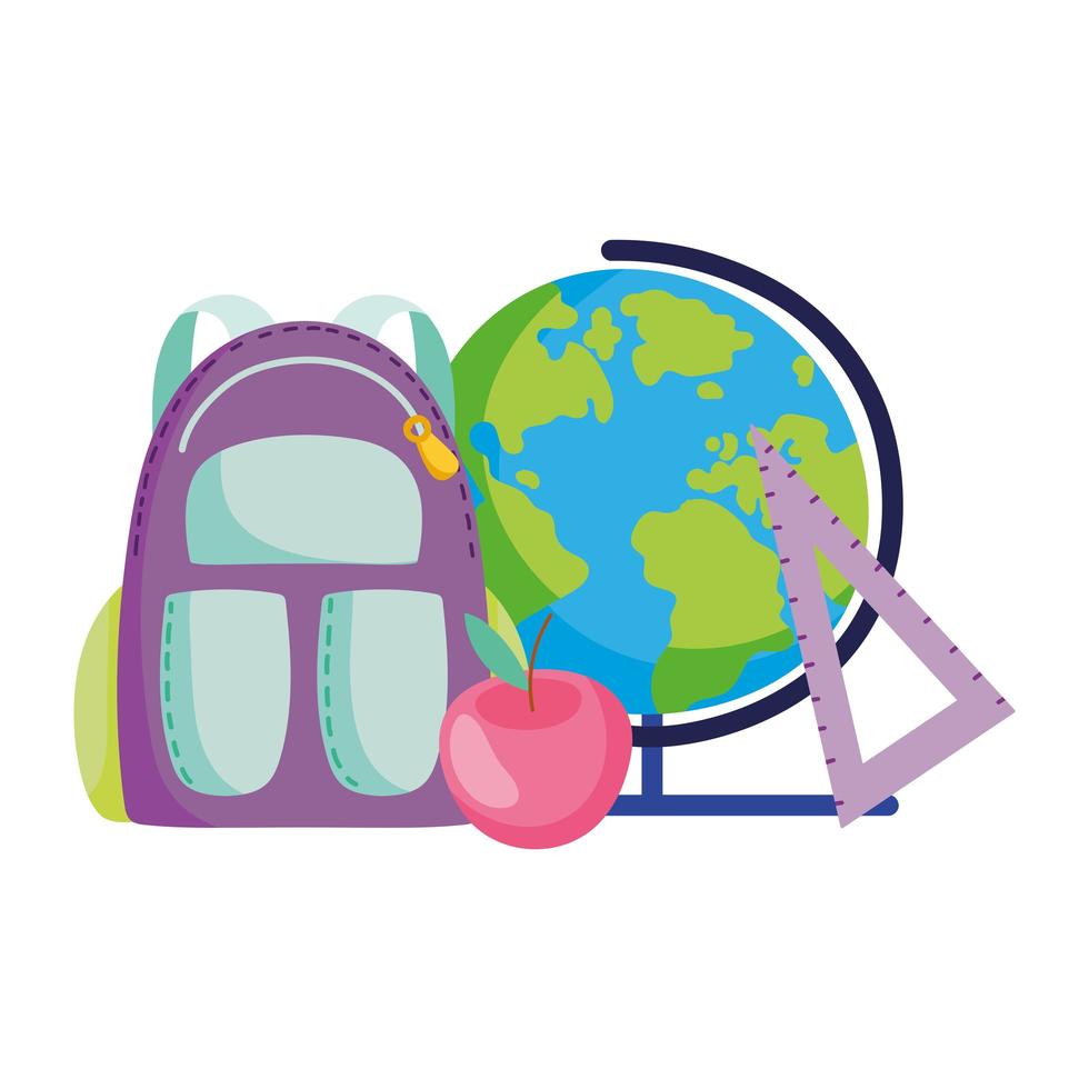 regreso a la escuela, mochila, mapa de manzana y regla, dibujos animados de educación elemental vector