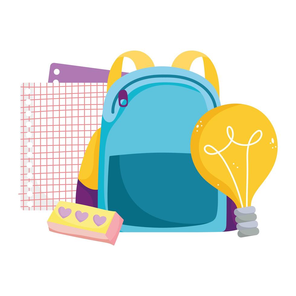 back to school, backpack eraser papers idea elementary education cartoon vector