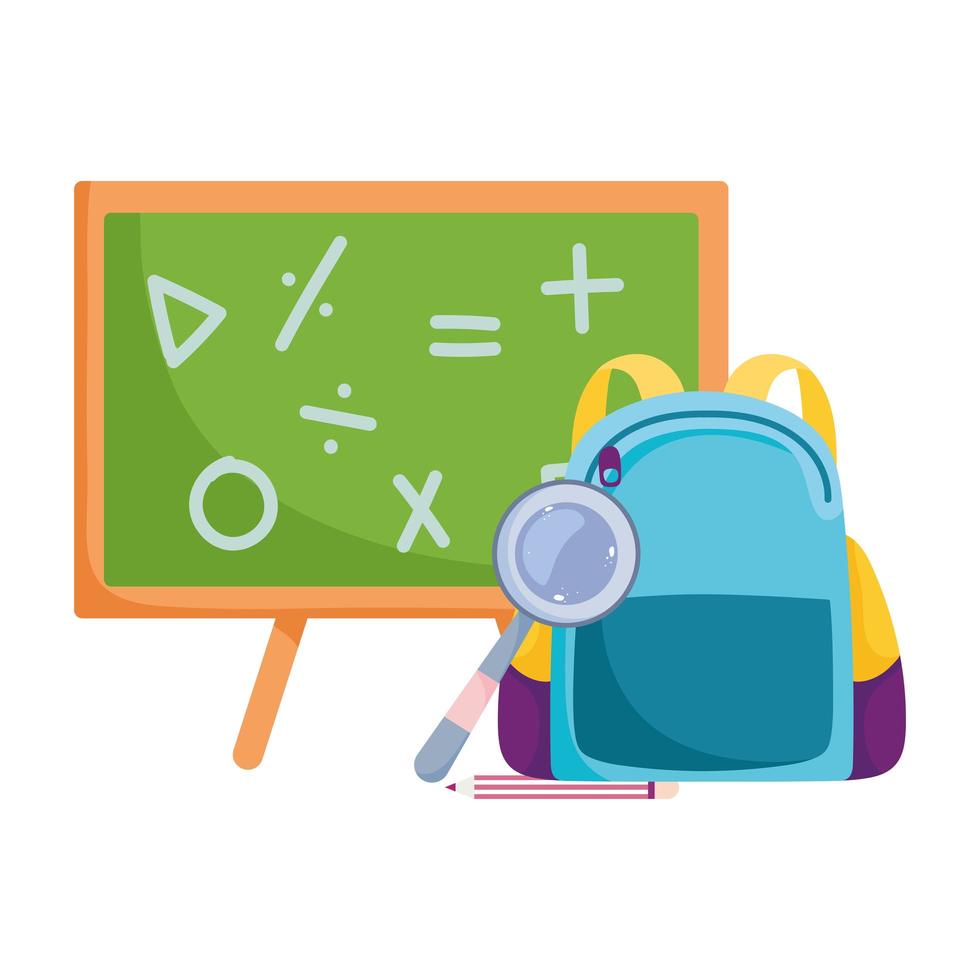 back to school, blackboard backpack pencil and magnifier elementary education cartoon vector
