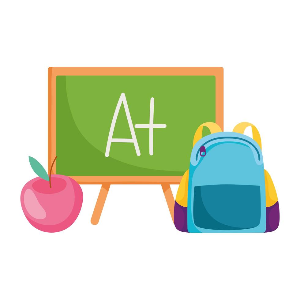 back to school, blackboard backpack and apple elementary education cartoon vector