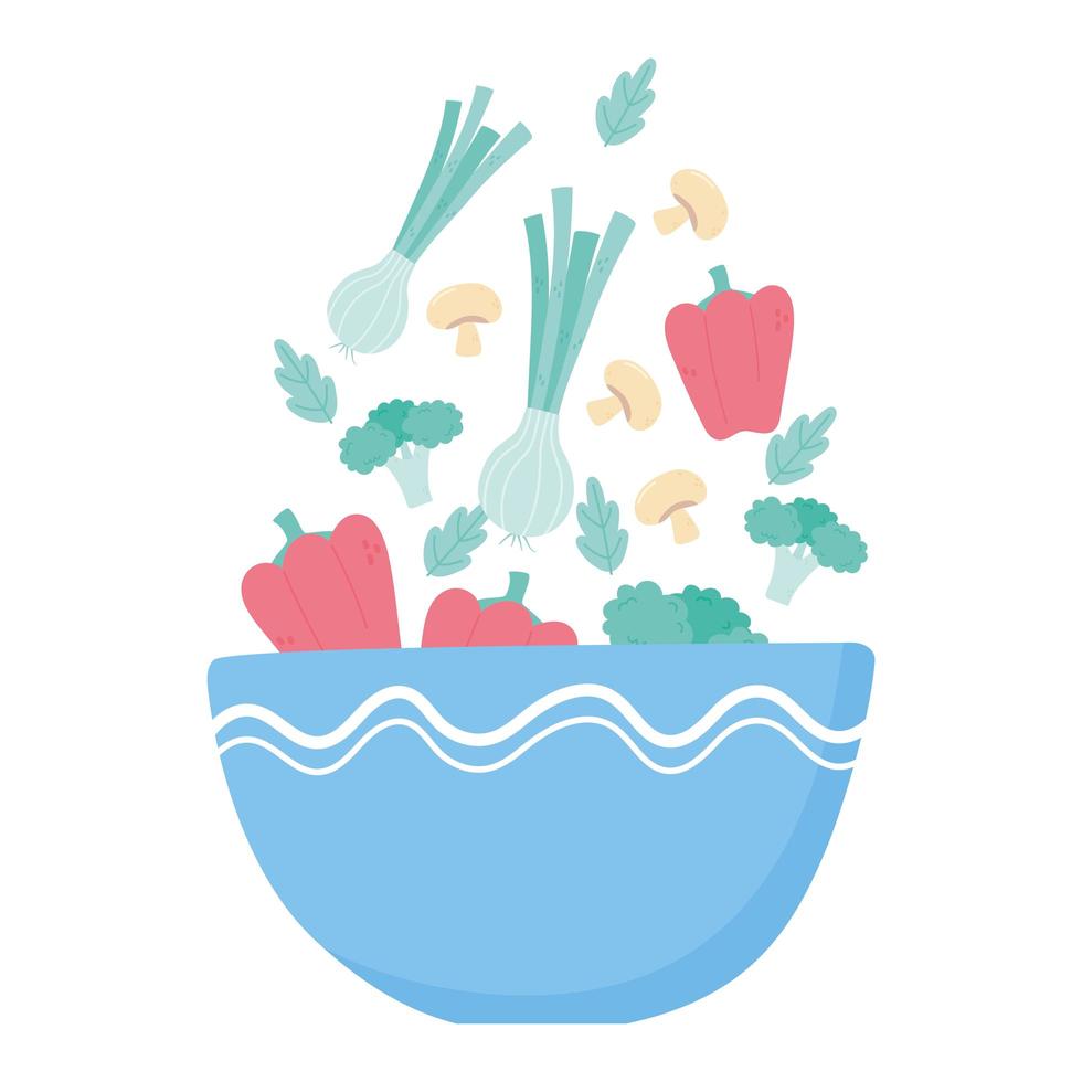 Caída de verduras frescas en un recipiente aislado diseño de iconos fondo blanco. vector