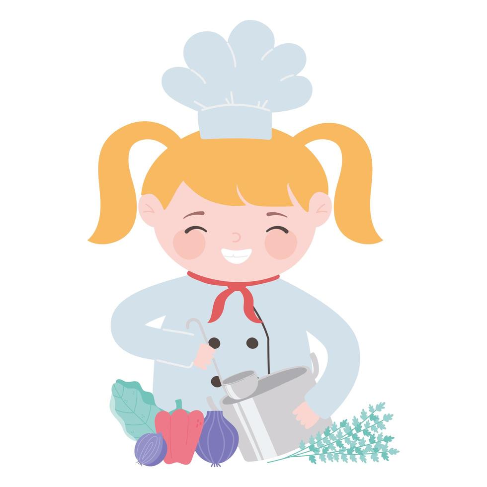 Chef chica rubia con olla pimiento cebolla remolacha personaje de dibujos animados vector