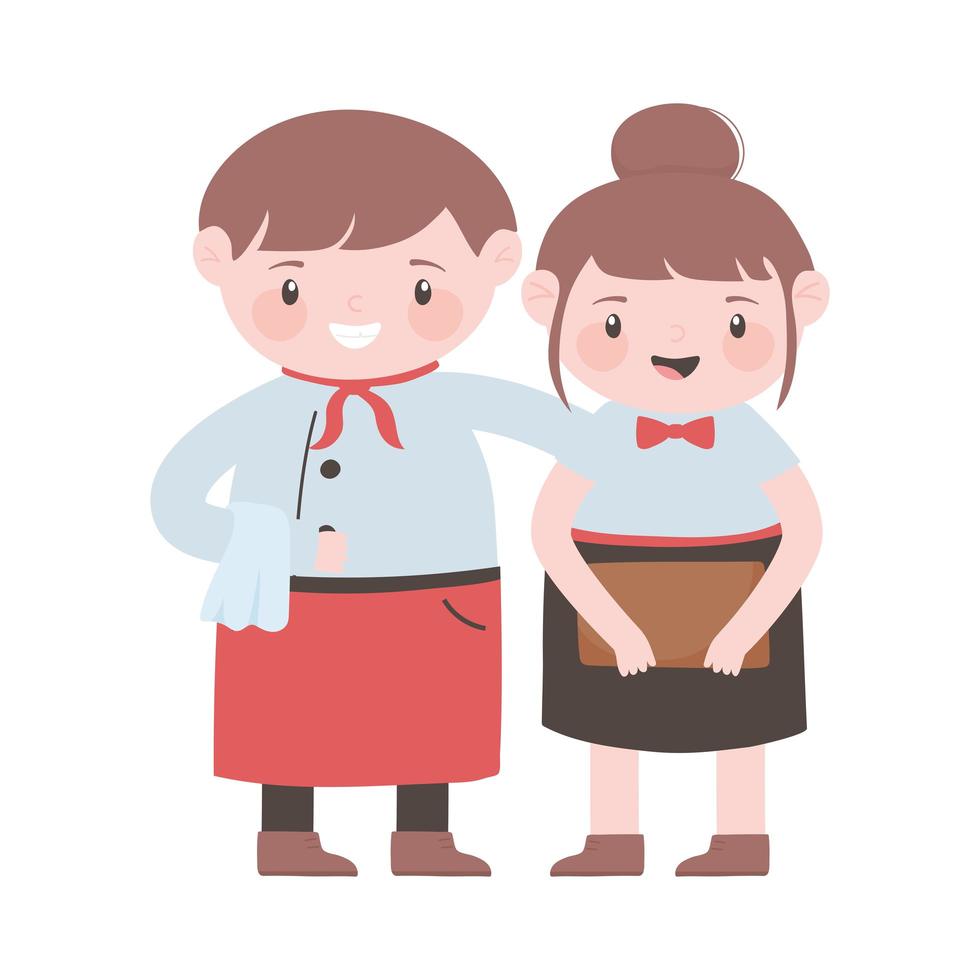 waiter and waitress with apron and menu cartoon character vector
