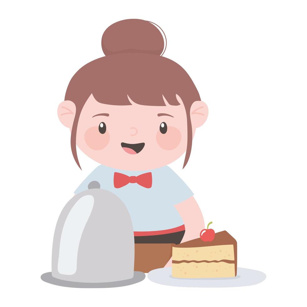 waitress with slice cake and platter cartoon character vector