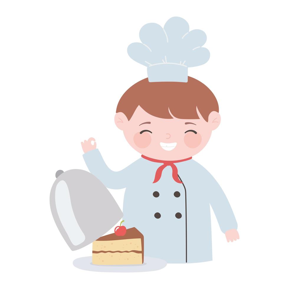 chef boy with piece cake in dish cartoon character vector