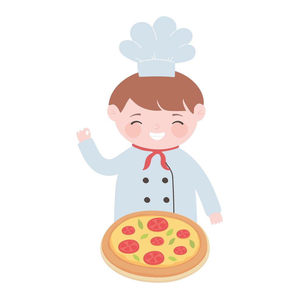 niño chef con personaje de dibujos animados de pizza al horno vector