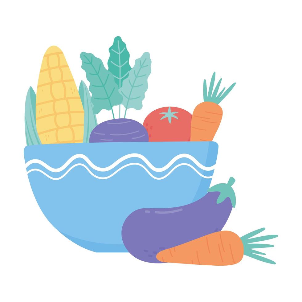 Alimentos verduras frescas en un tazón azul aislado diseño de iconos fondo blanco. vector