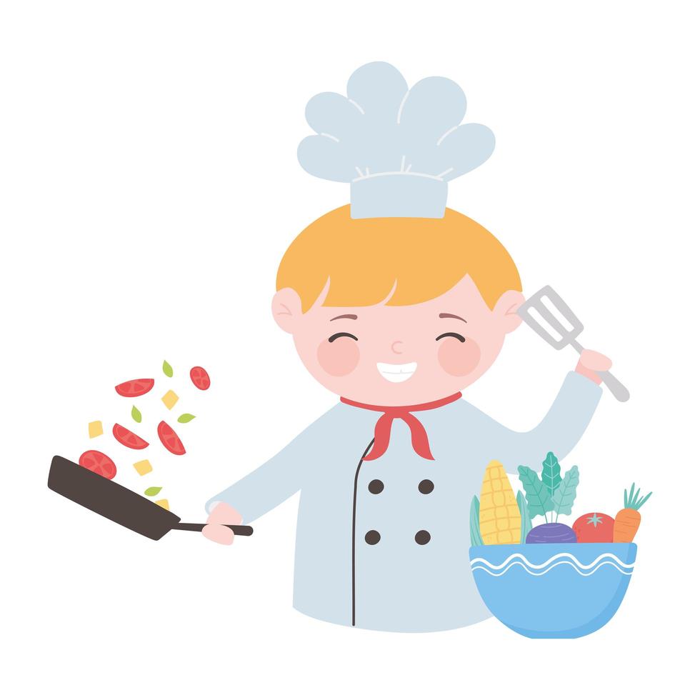 chef boy with saucepan and vegetables in bowl cartoon character vector