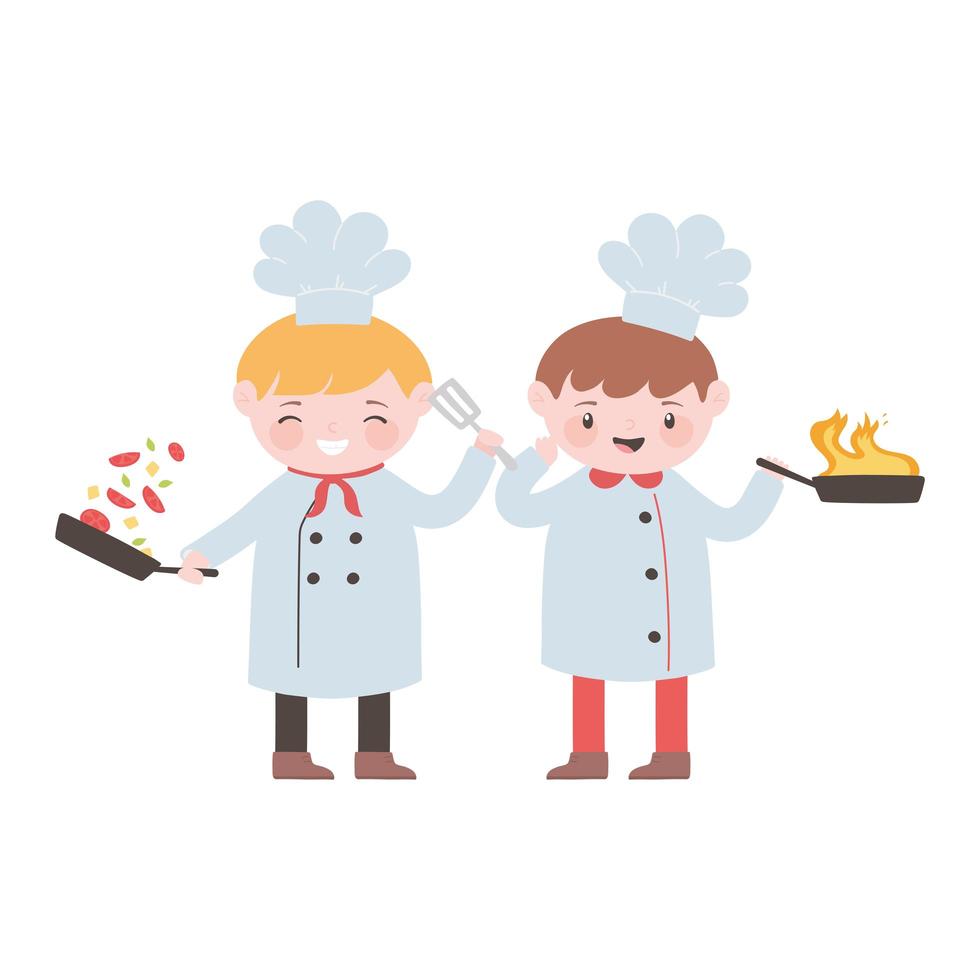 Chicos de chefs con cacerola en llamas y personaje de dibujos animados de verduras vector
