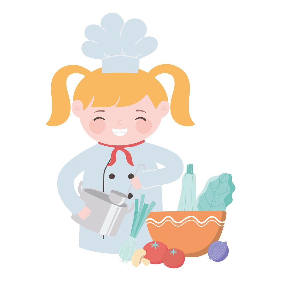 Chef chica rubia con olla y comida fresca en un tazón personaje de dibujos animados vector