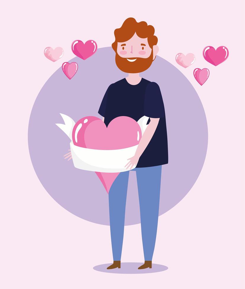 bearded man holding huge heart with ribbon love romantic cartoon vector