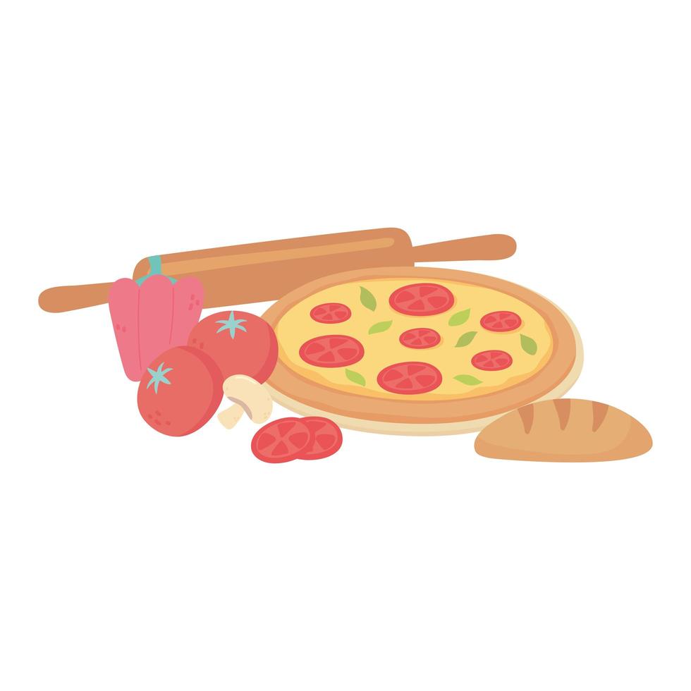 comida pizza fresca pan tomate pimienta icono diseño fondo blanco vector