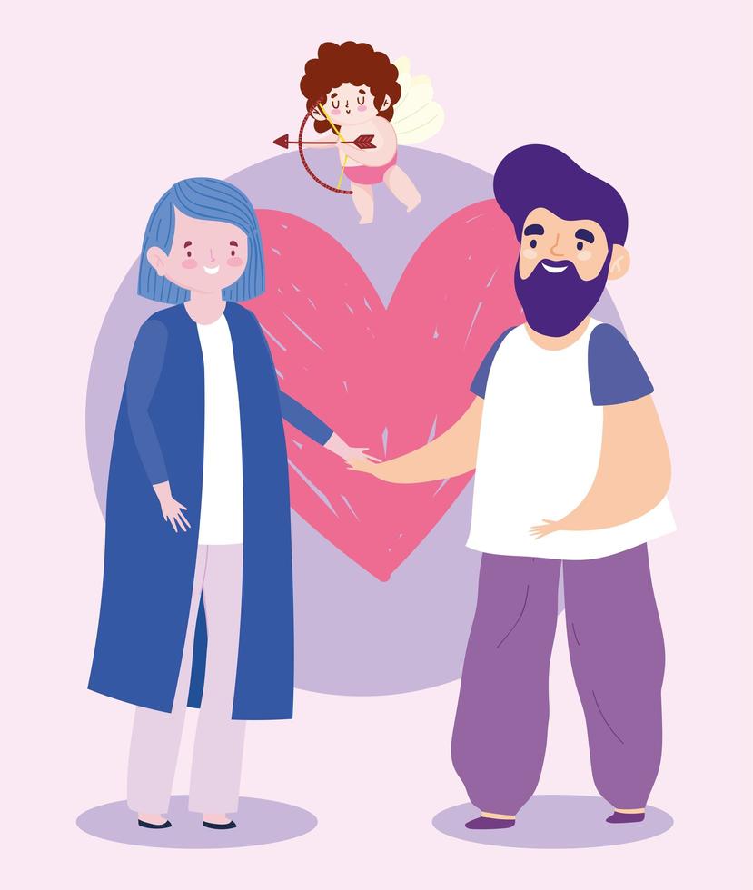 bearded man and woman in love with heart romantic cartoon vector