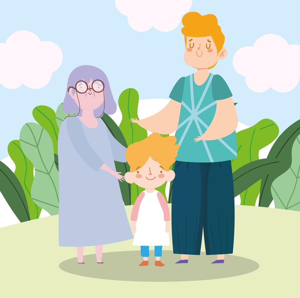 family granny with teen and little gandson together cartoon character vector