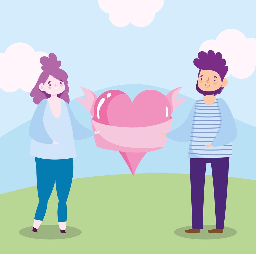 man and woman huge heart feeling love romantic cartoon vector