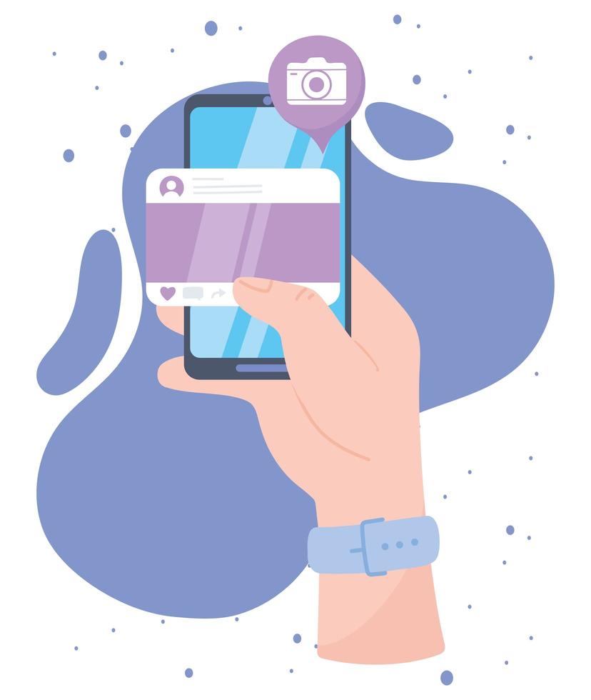 hand with smartphone website camera app social network communication and technologies vector