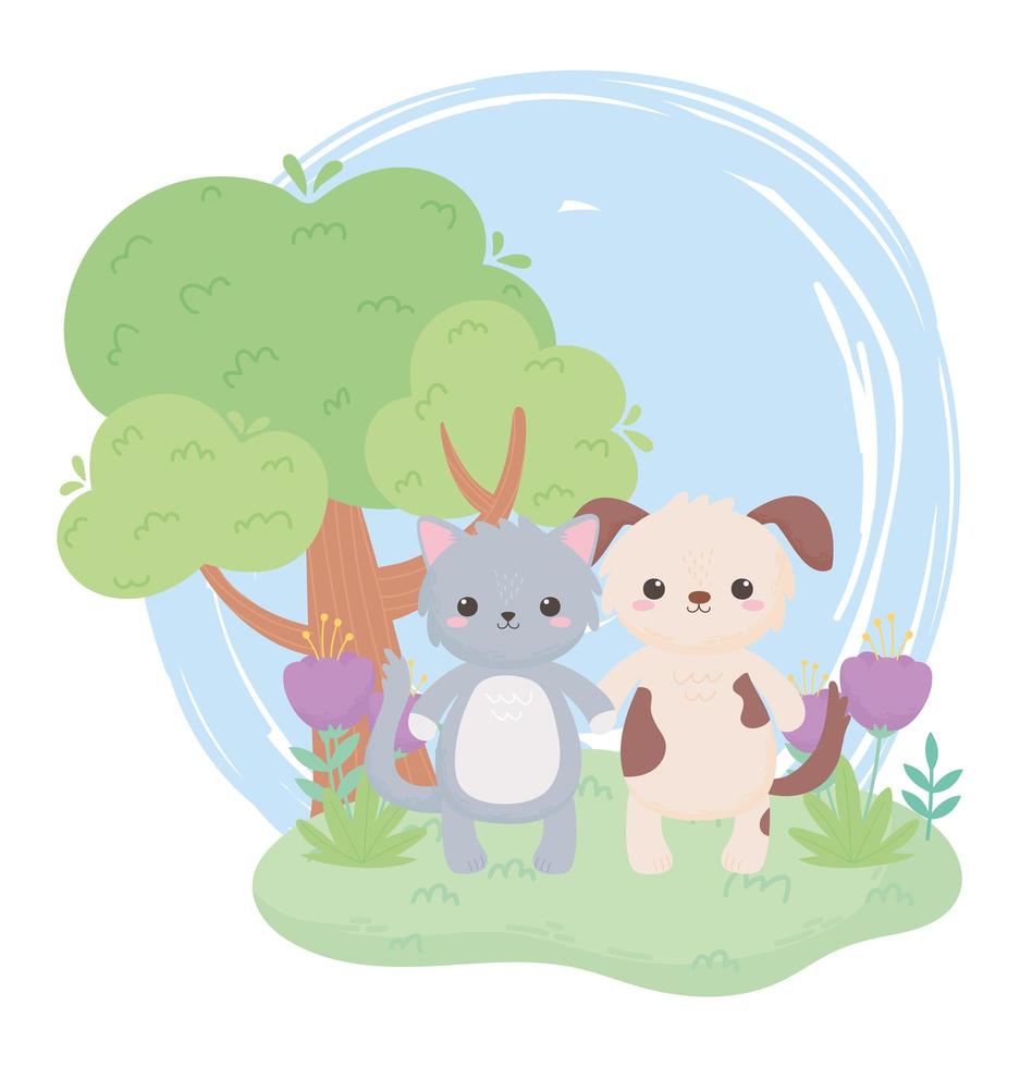 lindo perro y gato flores árboles dibujos animados animales en un paisaje natural vector