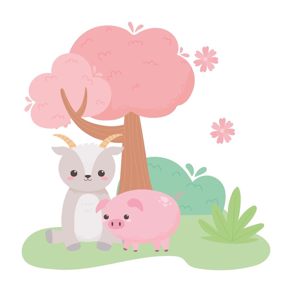 lindas flores de cabra y cerdo árbol arbusto animales de dibujos animados en un paisaje natural vector