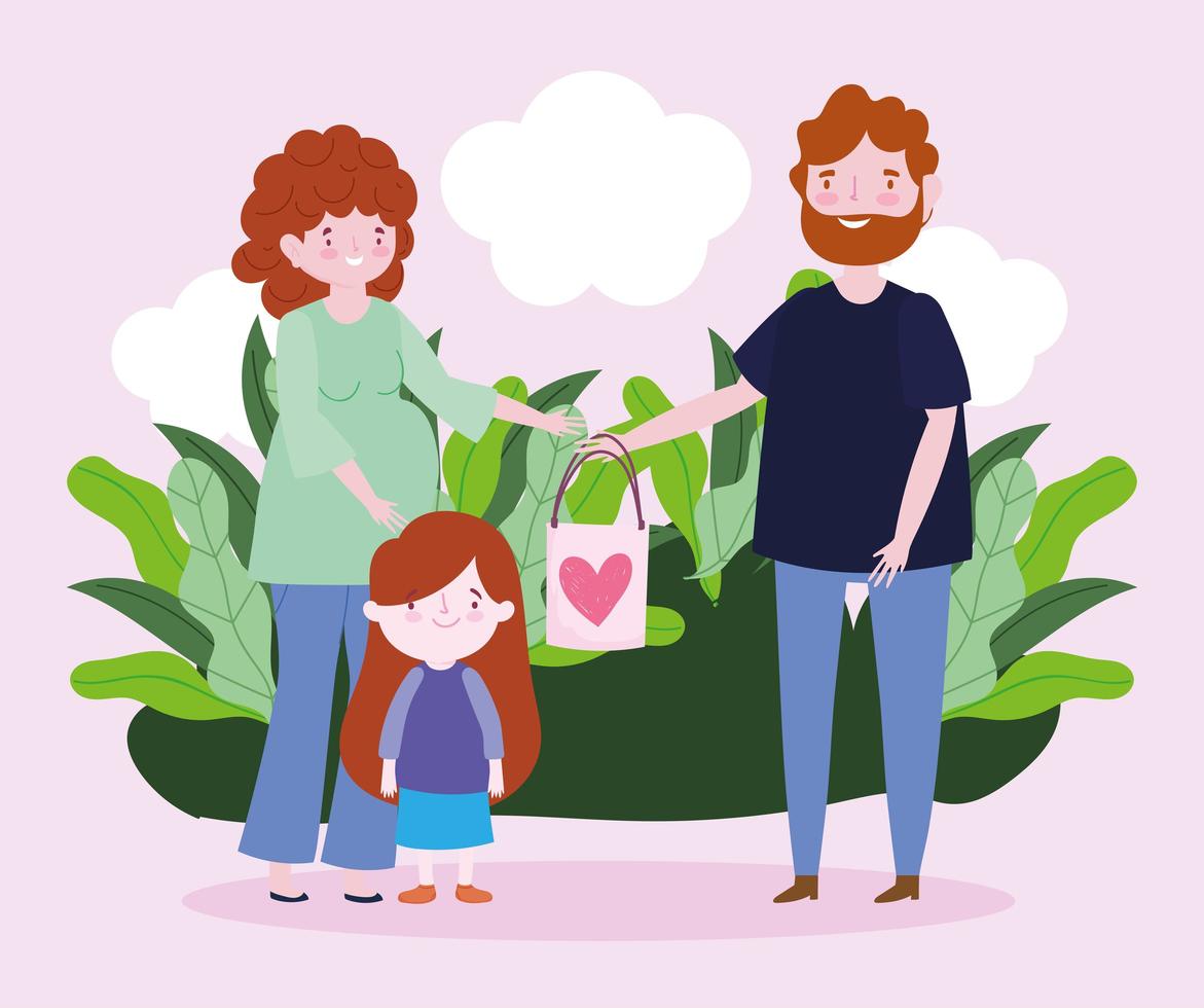 pregnant woman father and little daughter with gift bag lovely in park vector