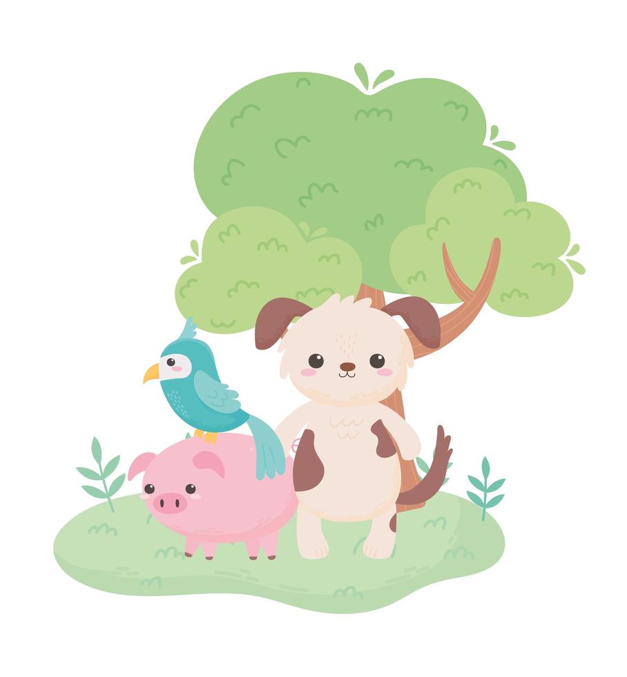 lindo perro loro alcancía follaje de árbol animales de dibujos animados en un paisaje natural vector