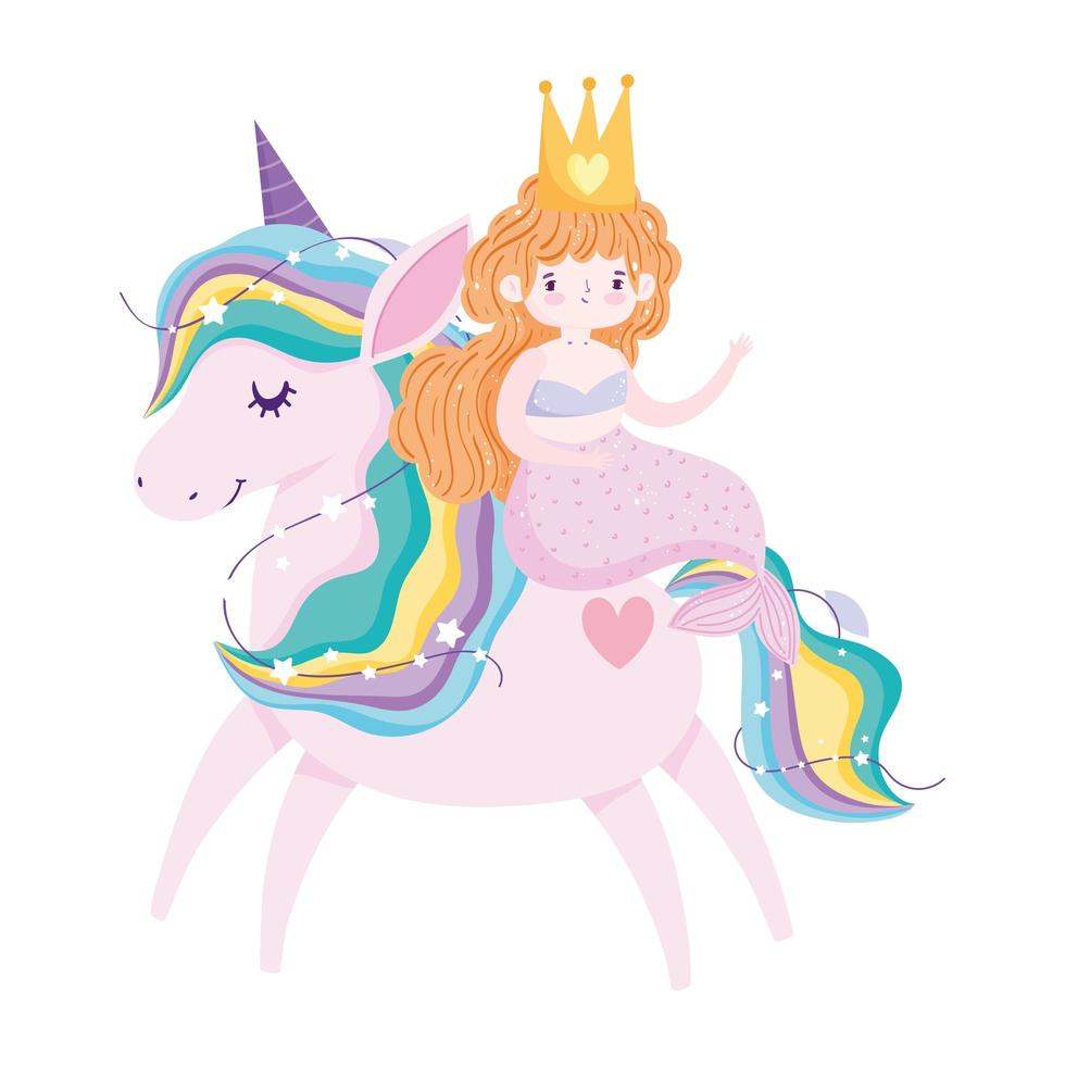 unicornio y sirena fantasía estrellas mágicas decoración dibujos animados vector