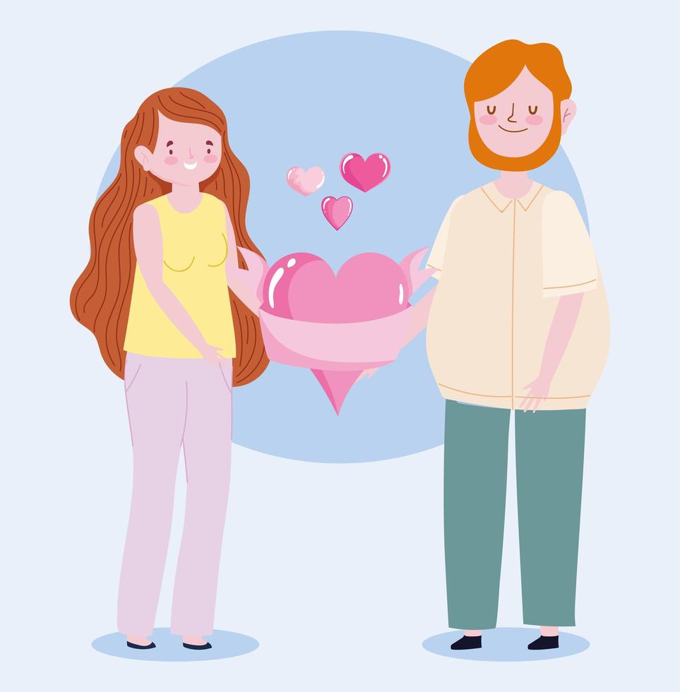 family young man and woman holding heart love together cartoon character vector