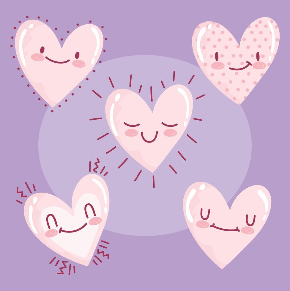 amor corazones romanticos dibujos animados feliz expresión iconos fondo morado vector