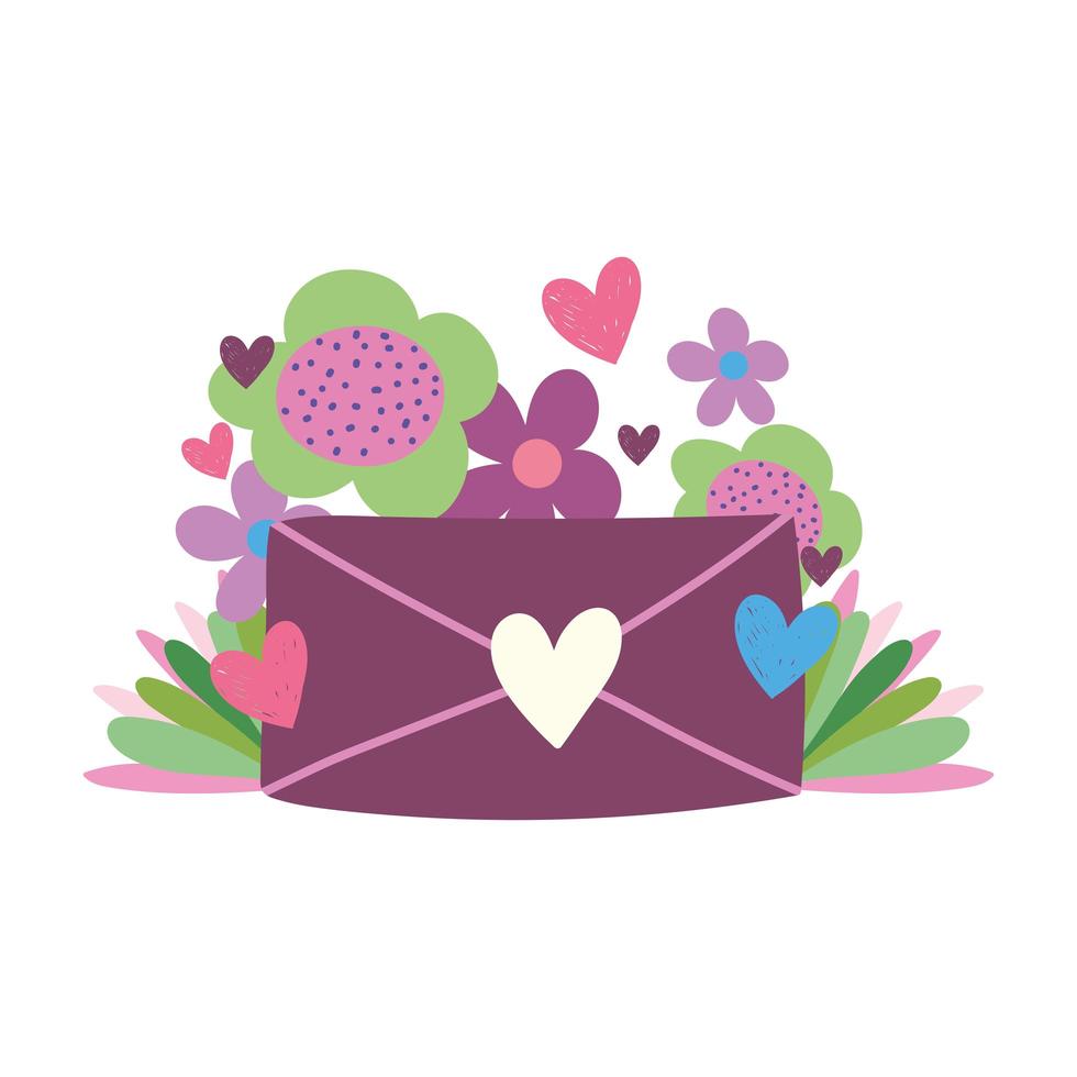 amor correo sobre flores corazones románticos diseño de tarjeta de dibujos animados vector