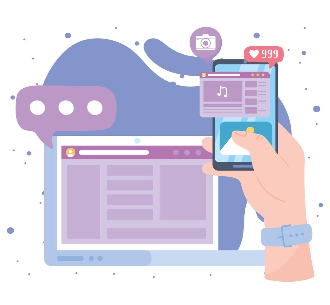 hand with smartphone laptop content vector