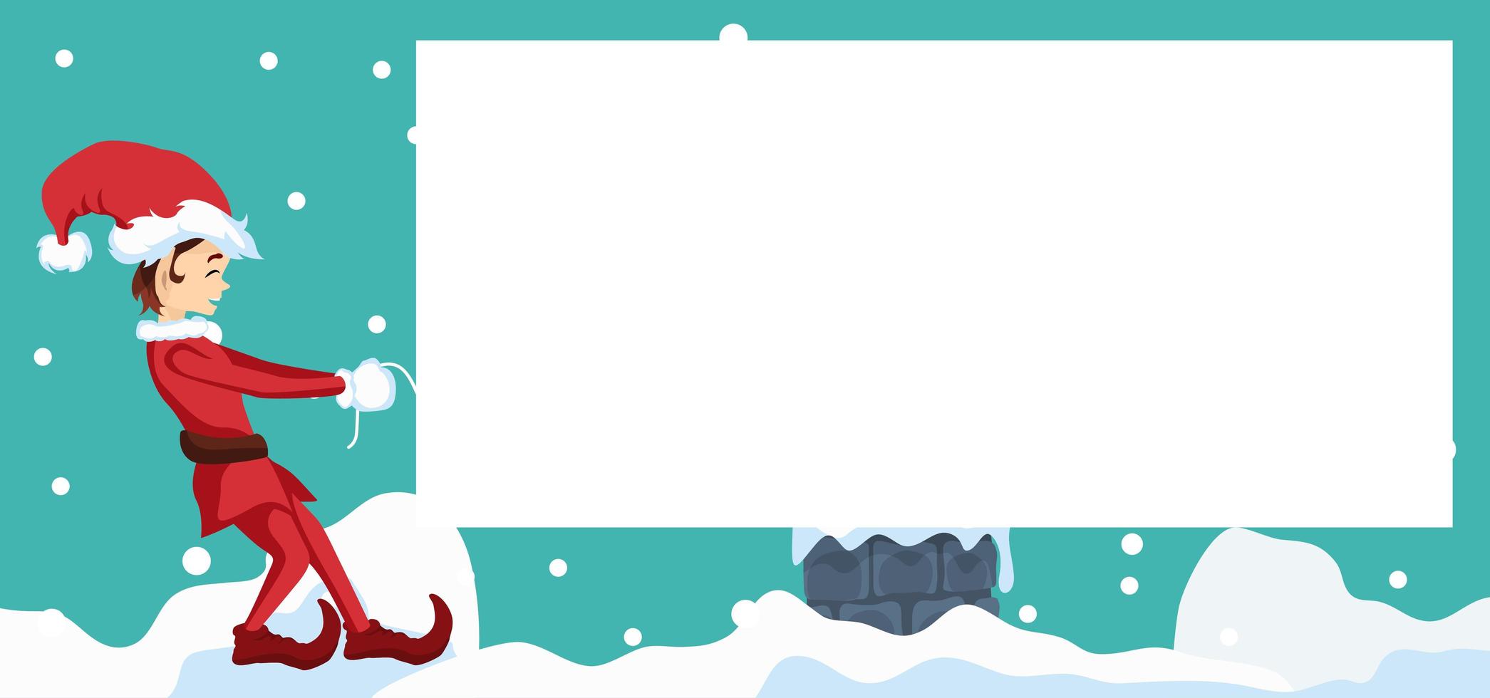 diseño de tarjeta de feliz navidad con elfo tirando de tarjeta en blanco vector