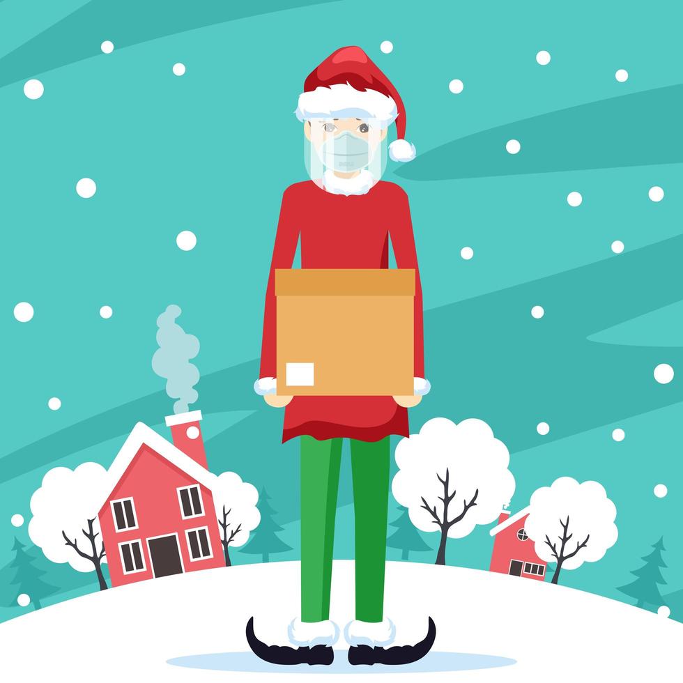 Young man dressed as a christmas elf making delivery with security protocols vector