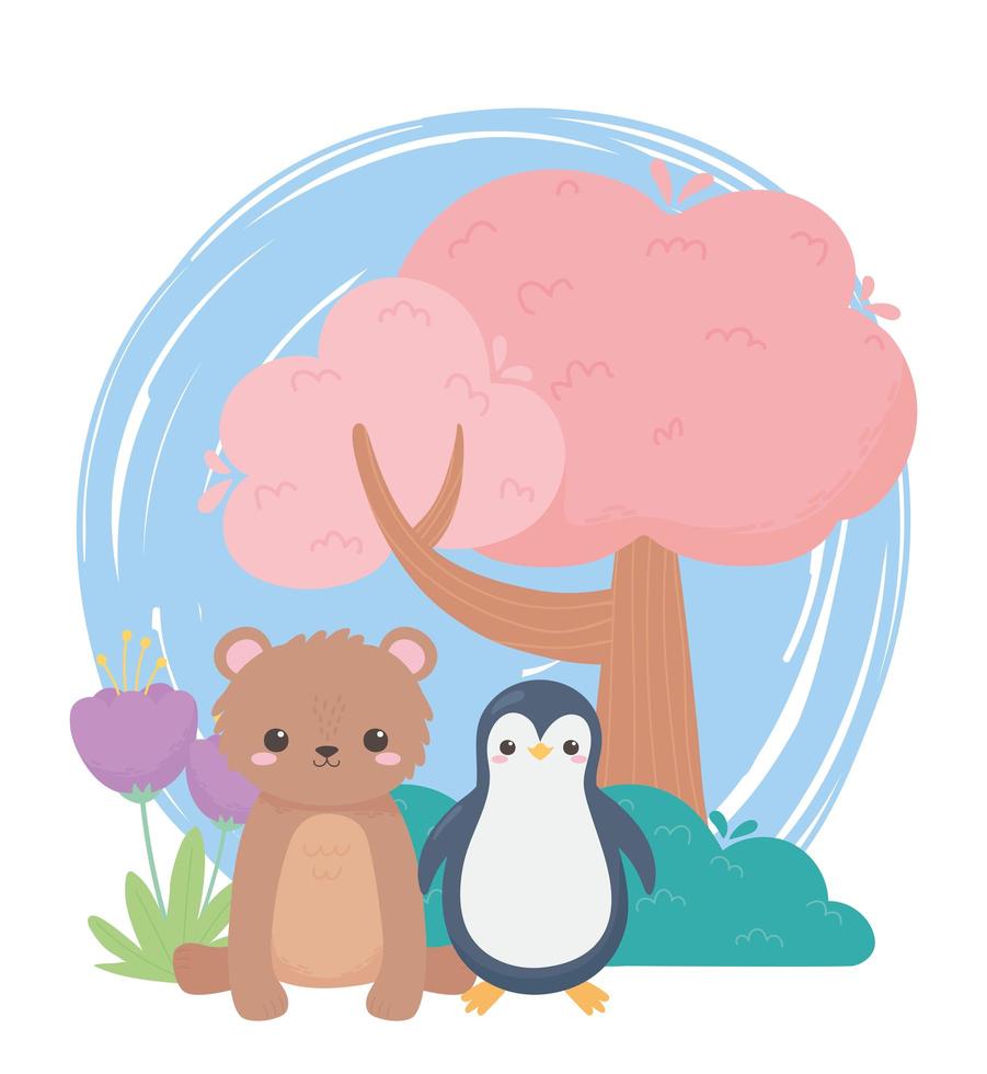 little penguin bear tree and flowers cartoon animals in a natural landscape vector