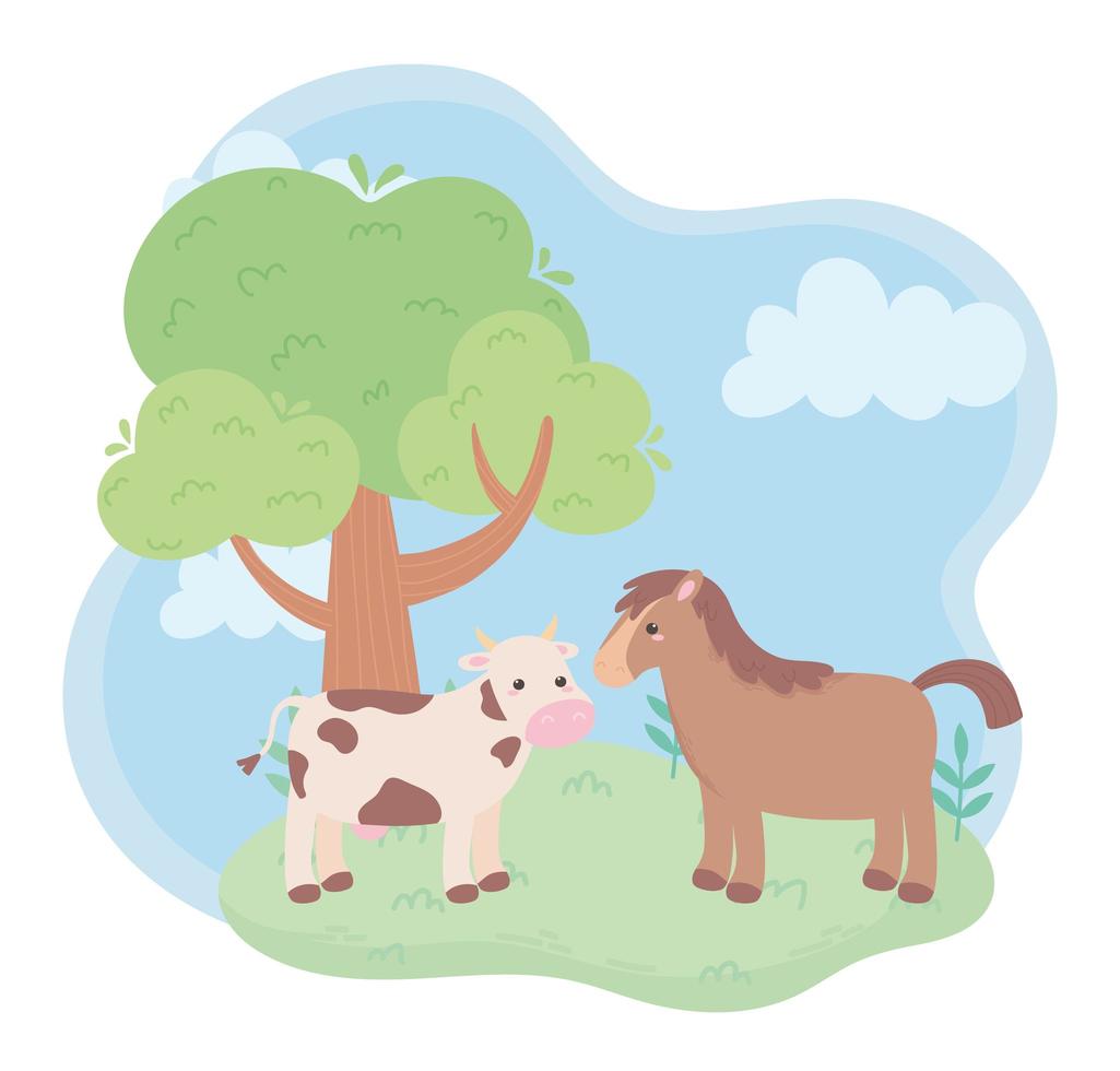 Cute vaca y caballo prado de árboles animales de dibujos animados en un paisaje natural vector