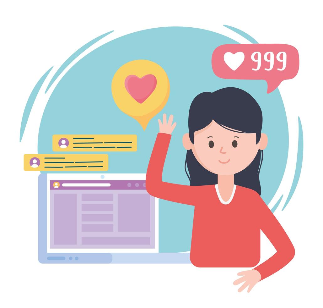 young woman laptop website follow, like vector