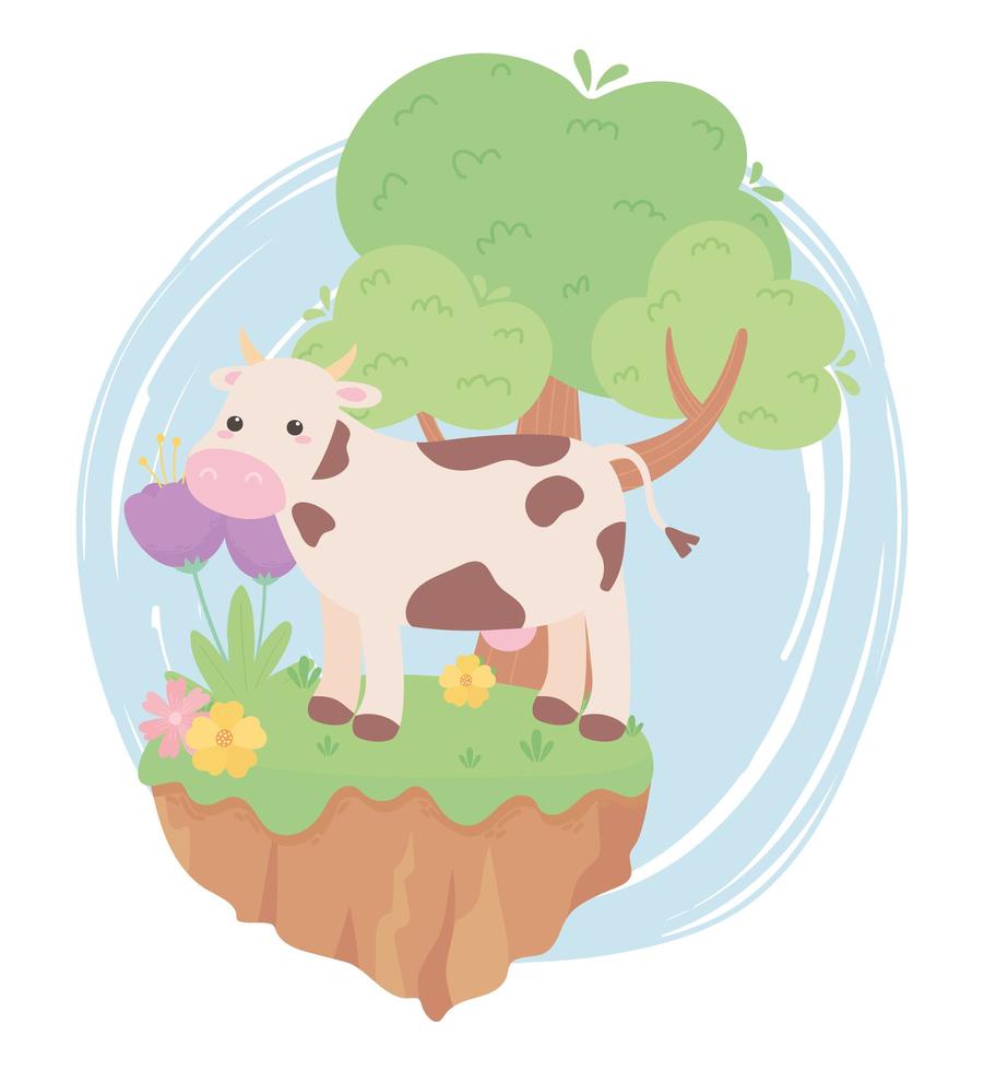 Linda vaca flores árbol hierba animales de dibujos animados en un paisaje natural vector