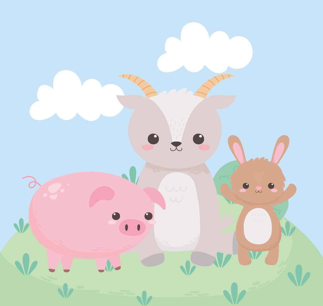 cute little rabbit goat and pig grass cartoon animals in a natural landscape vector