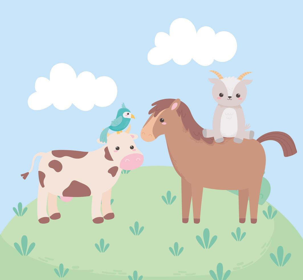lindo caballo cabra vaca y loro animales de dibujos animados en un paisaje natural vector