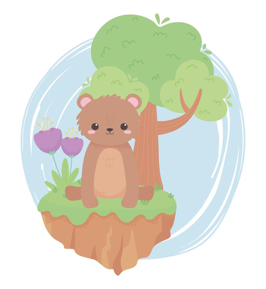 cute little bear sitting with flowers and tree cartoon animals in a natural landscape vector