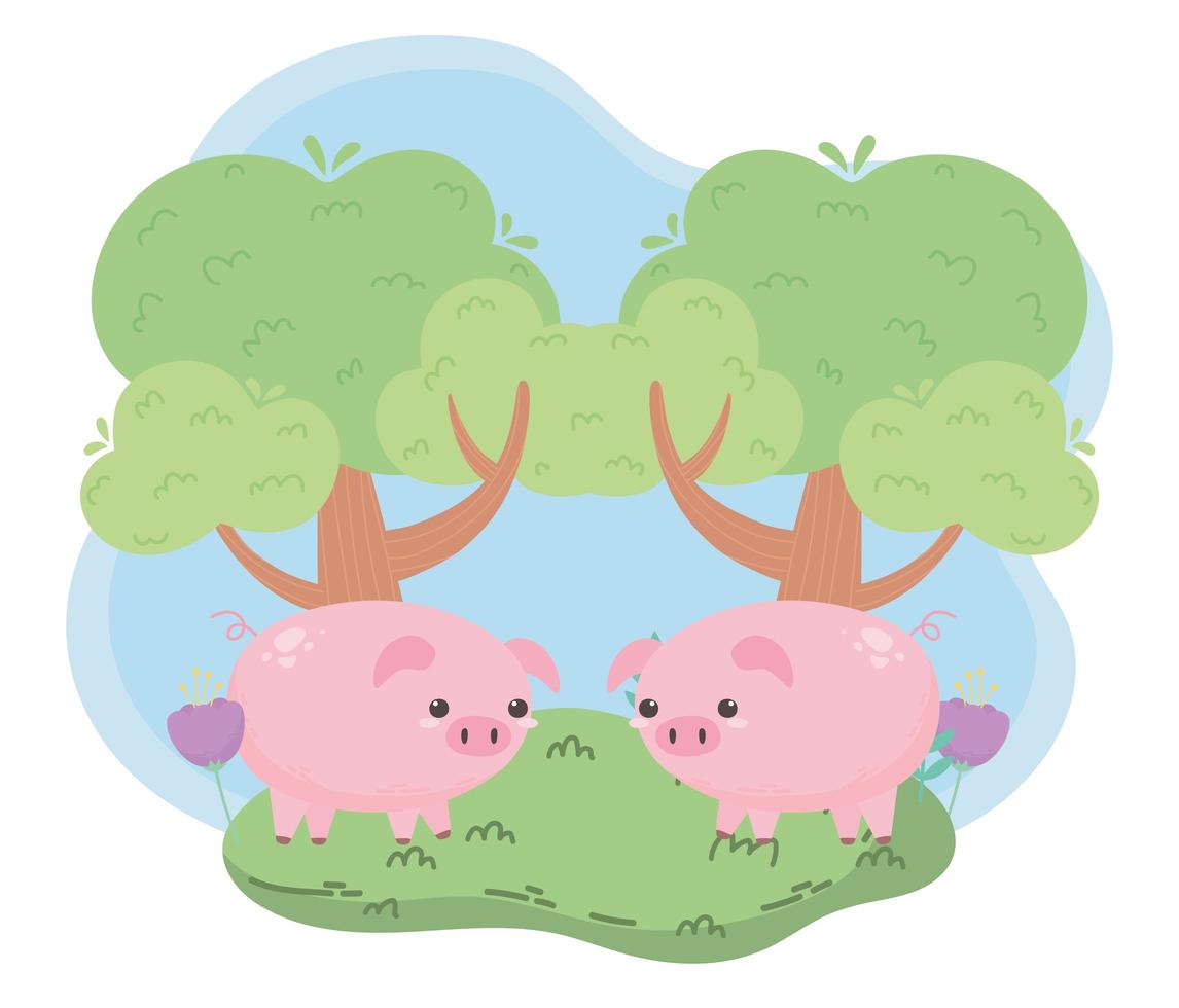 cute little piggies and tree cartoon animals in a natural landscape vector