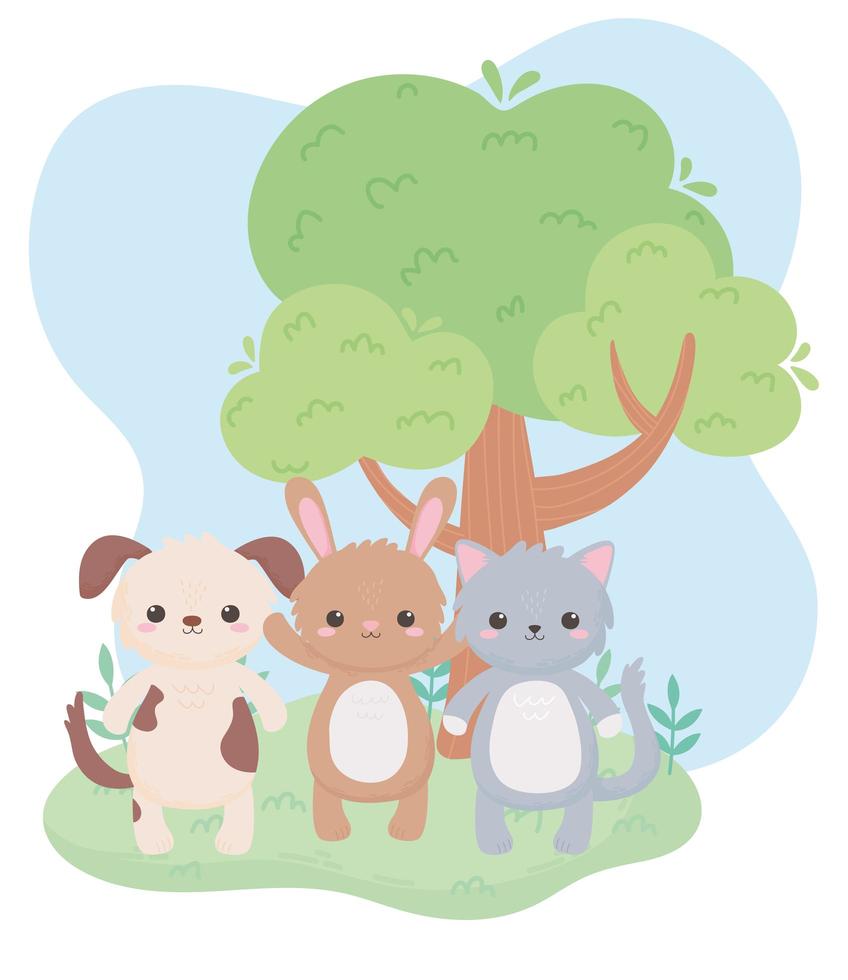 cute little cat dog and rabbit tree cartoon animals in a natural landscape vector