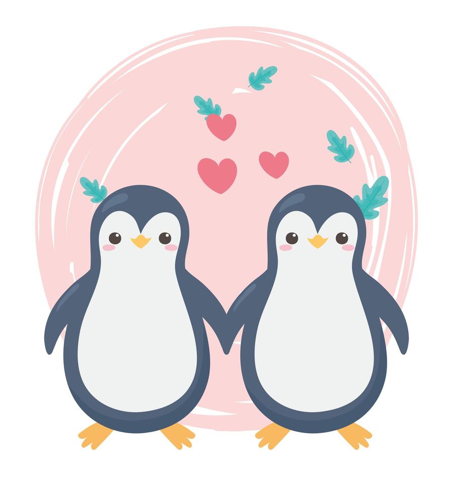 Linda pareja de corazones de pingüino deja animales de dibujos animados en un paisaje natural vector