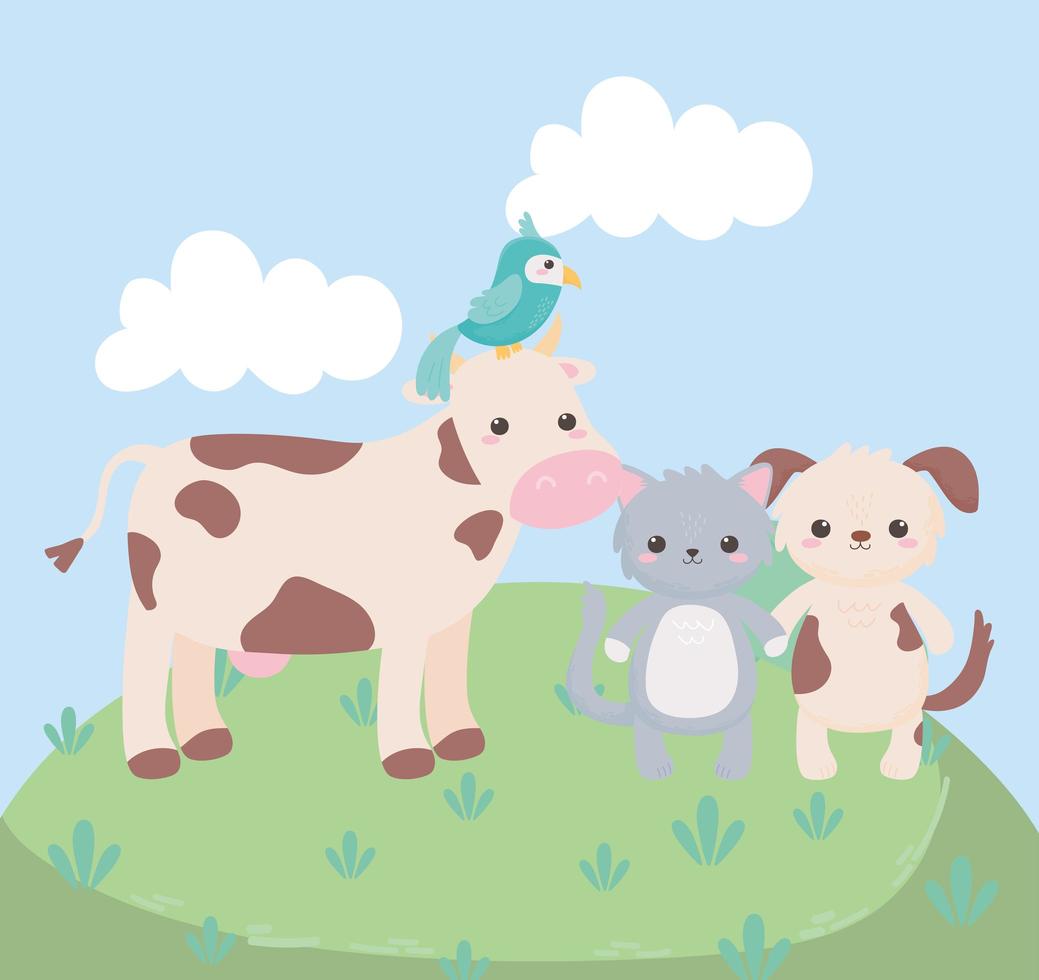 Linda vaca gato perro loro hierba animales de dibujos animados en un paisaje natural vector