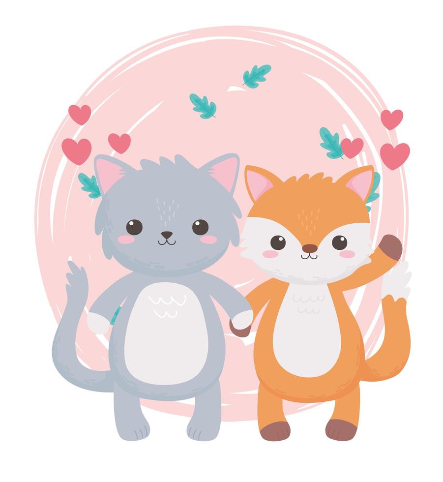 cute cat fox hearts leaves foliage cartoon animals vector