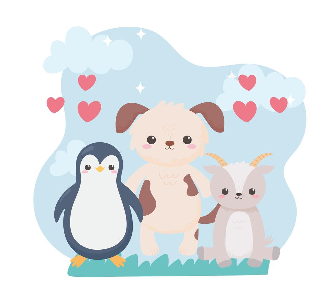 lindo pingüino perro y corazones de cabra animales de dibujos animados vector