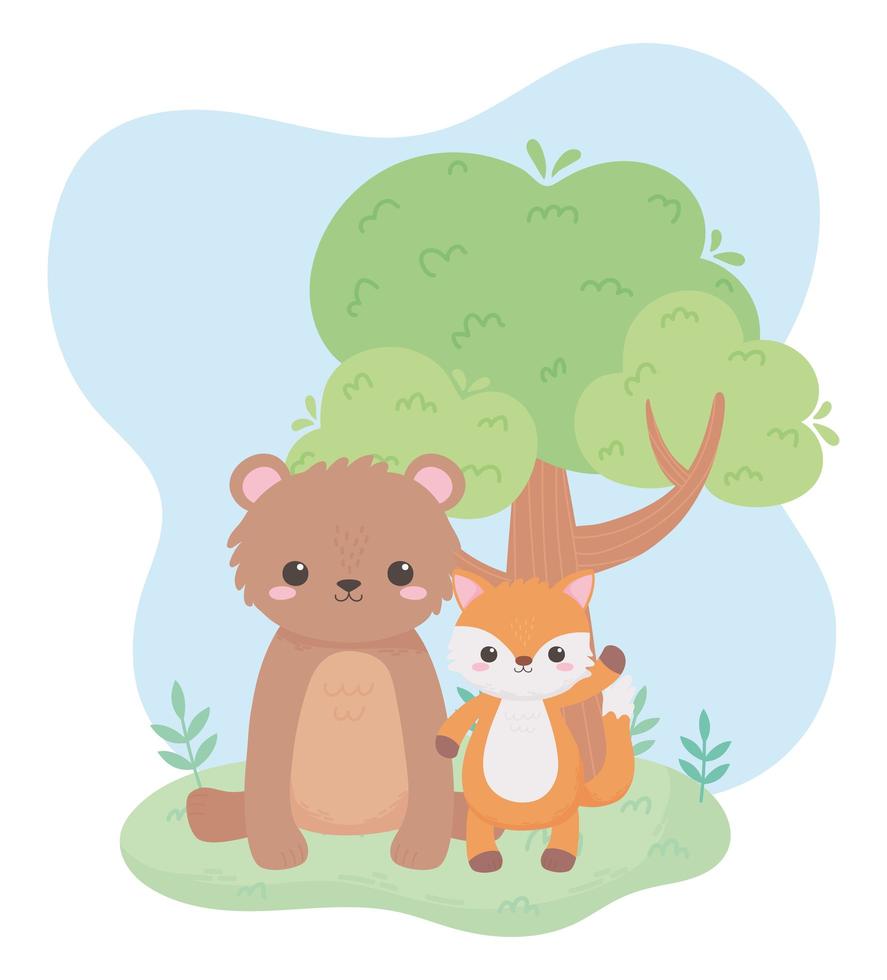 lindo osito zorro árbol prado animales de dibujos animados en un paisaje natural vector