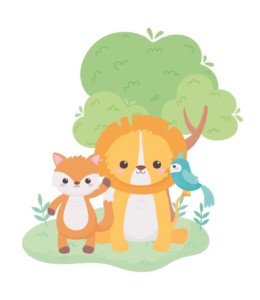 lindo pequeño león loro y zorro animales de dibujos animados en un paisaje natural vector